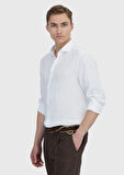 Beyaz Düz Casual Fit Dokuma Casual %100 Keten Gömlek