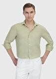 Açık Yeşil Düz Casual Fit Dokuma Casual %100 Keten Gömlek