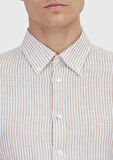 Kiremit Çizgili Casual Fit Dokuma Casual %100 Keten Gömlek