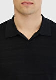 Siyah Polo Yaka Jakarlı Keten Karışımlı Triko