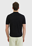 Siyah Polo Yaka Jakarlı Keten Karışımlı Triko