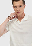 Ekru Polo Yaka Jakarlı Keten Karışımlı Triko