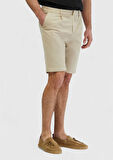 Bej Düz Dokuma Regular Fit Casual Pamuk Karışımlı Bermuda