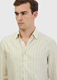 Ekru Çizgili Casual Fit Dokuma Casual Gömlek