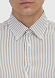 Bej Çizgili Casual Fit Dokuma Casual Gömlek