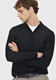 Siyah Polo Yaka Düz Örgü Yün Karışımlı Triko Kazak