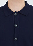 Lacivert Polo Yaka Düz Örgü Yün Karışımlı Hırka