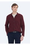Bordo Polo Yaka Düz Örgü Yün Karışımlı Hırka