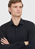 Siyah Düz Regular Fit Casual Pamuk Karışımlı Gömlek