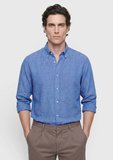 Açık Mavi Düz Casual Fit Uzun Dokuma Casual %100 Keten Gömlek