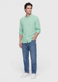 Yeşil Düz Casual Fit Uzun Dokuma Casual %100 Keten Gömlek