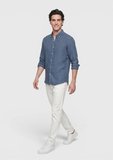 Petrol Düz Casual Fit Uzun Dokuma Casual %100 Keten Gömlek