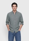 Koyu Yeşil Düz Casual Fit Uzun Dokuma Casual %100 Keten Gömlek