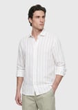 Açık Gri Düz Casual Fit Uzun Dokuma Casual %100 Keten Gömlek