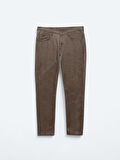 Kahverengi Dokuma Slim Fit Casual Pamuk Karışımlı Pantolon