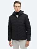 Siyah Regular Fit Kapüşonlu Casual Dokuma Mont