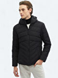 Siyah Regular Fit Kapüşonlu Casual Dokuma Mont