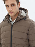 Bej Regular Fit Kapüşonlu Casual Dokuma Mont