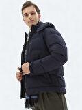 Lacivert Regular Fit Kapüşonlu Casual Dokuma Mont