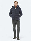 Lacivert Regular Fit Kapüşonlu Casual Dokuma Mont