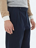 Lacivert Dokuma Carrot Fit Casual Pamuk Karışımlı Pantolon