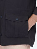 Lacivert Oversize Fit Dokuma Pamuk Karışımlı Overshırt