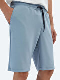 Mavi Düz Örme Jogging Fit Spor Bermuda