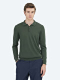 Yeşil Polo Yaka Düz Örgü Yün Karışımlı Triko Kazak