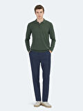 Yeşil Polo Yaka Düz Örgü Yün Karışımlı Triko Kazak