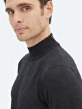 Antrasit Yarım Balıkçı Yaka Düz Örgü Yün Karışımlı Triko Kazak
