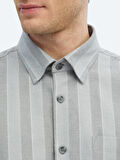 Gri Çizgili Oversize Fit Dokuma Casual Pamuk Karışımlı Gömlek