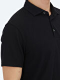 Siyah Düz Polo Yaka Pamuk Karışımlı T-Shirt