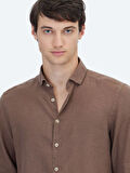 Kahverengi Düz Regular Fit Dokuma Casual Pamuk Karışımlı Gömlek