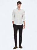 Ekru Düz Regular Fit Dokuma Casual Pamuk Karışımlı Gömlek