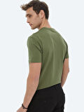 Haki Düz Bisiklet Yaka Pamuk Karışımlı T-Shirt