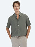 Haki Oversize Fit Dokuma Casual %100 Pamuk Gömlek