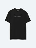 Siyah Baskılı Bisiklet Yaka %100 Pamuk T-Shirt