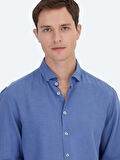Havacı Mavi Düz Regular Fit Dokuma Casual Pamuk Karışımlı Gömlek