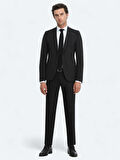 Siyah Düz Slim Fit Yün Karışımlı Takım Elbise