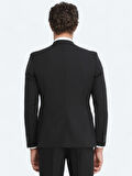 Siyah Düz Slim Fit Yün Karışımlı Takım Elbise