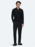 Siyah Polo Yaka Jakarlı Yün Karışımlı Triko Kazak