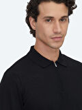 Siyah Polo Yaka Jakarlı Yün Karışımlı Triko Kazak