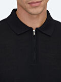 Siyah Polo Yaka Jakarlı Yün Karışımlı Triko Kazak
