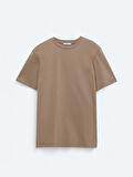 Kahverengi Bisiklet Yaka %100 Pamuk T-Shirt
