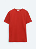 Koyu Turuncu Bisiklet Yaka %100 Pamuk T-Shirt