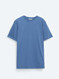 İndigo Bisiklet Yaka %100 Pamuk T-Shirt