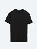 Siyah Düz Bisiklet Yaka %100 Pamuk T-Shirt