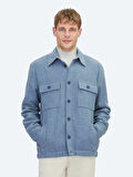 Mavi Düz Regular Fit Dokuma Yün Karışımlı Overshırt
