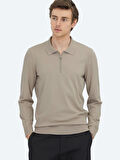 Açık Vizon Polo Yaka Düz Örgü Triko Kazak