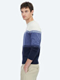 Lacivert Bisiklet Yaka Jakarlı Pamuk Karışımlı Triko Kazak